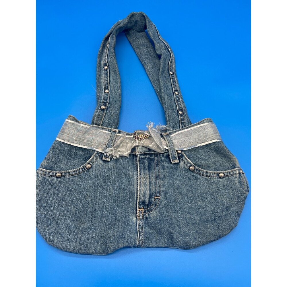 Denim Handbag With Silver Accents & Shoulder Strap